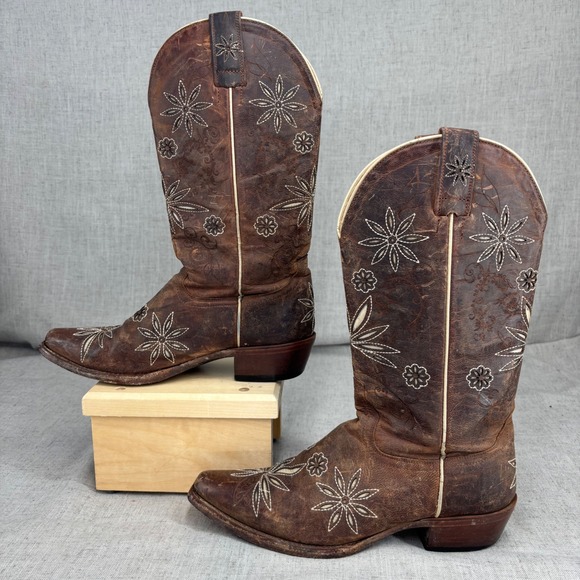 Shyanne Shoes - Shyanne Daisy Mae Cowboy Boots Brown Leather Stitching Tooled Women's Size 6.5